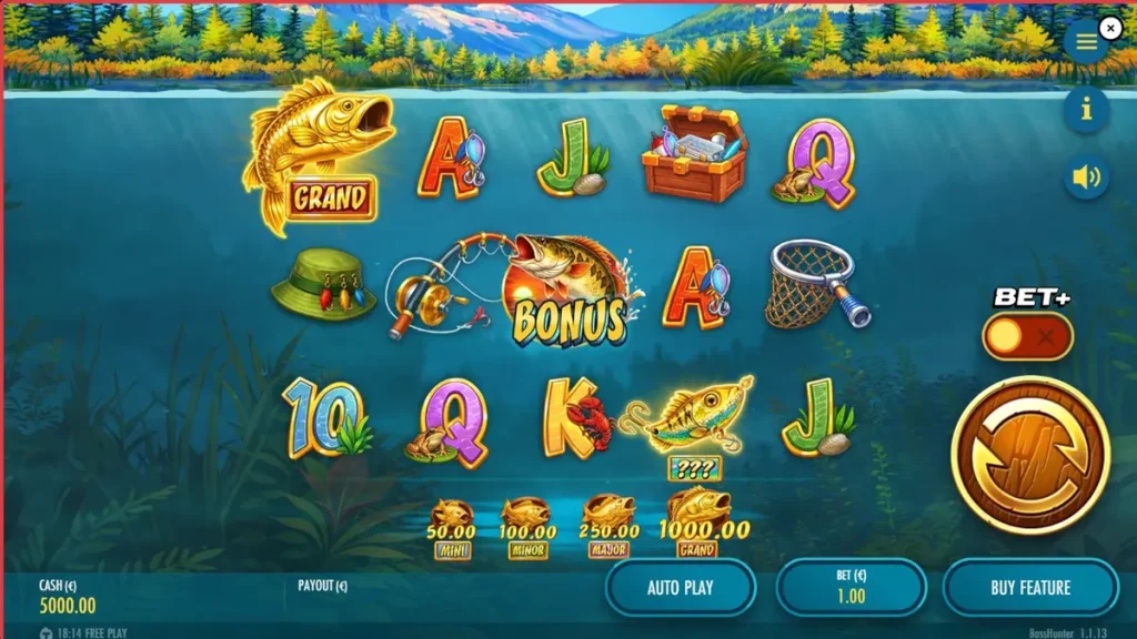 Interface do jogo de slot Bass Hunter com tema de pesca nórdica
