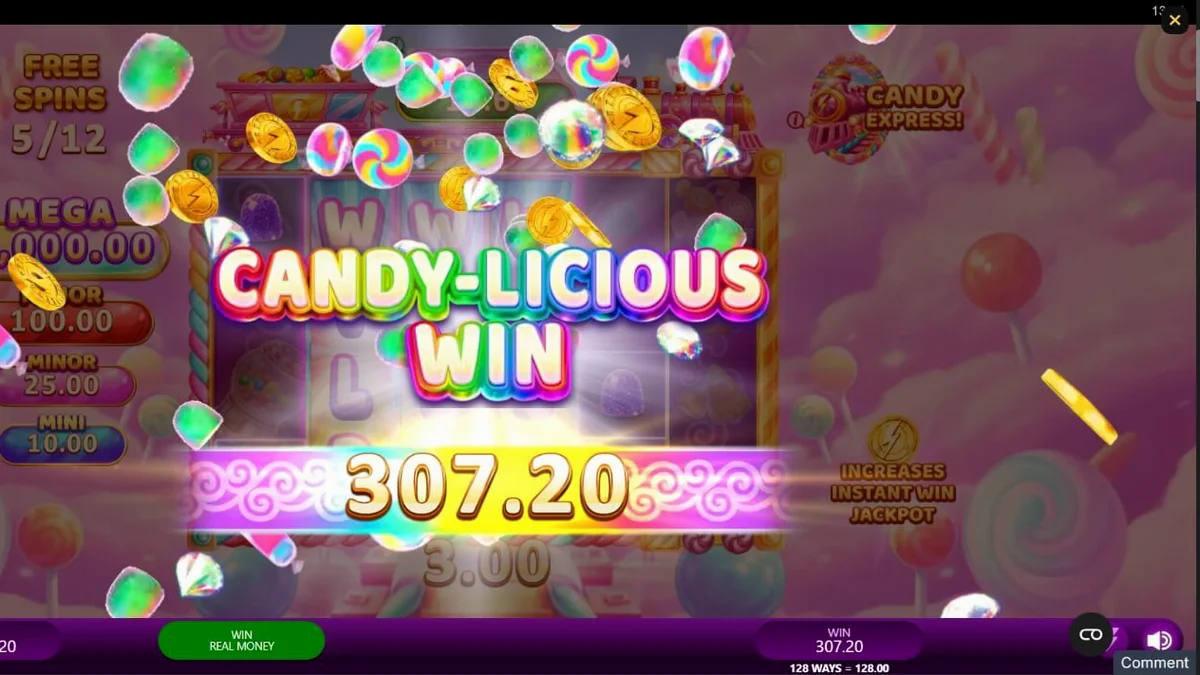 Interface vibrante e colorida do slot Candy Express Gold Blitz com elementos de doces e trens