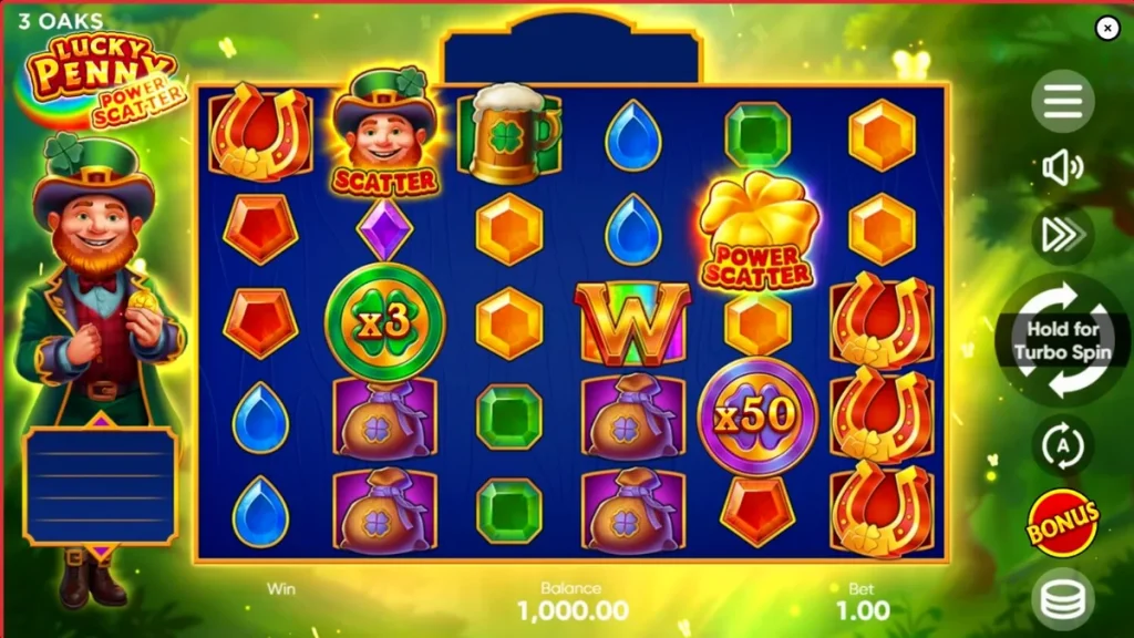 Interface do jogo Lucky Penny Power Scatter com tema irlandês