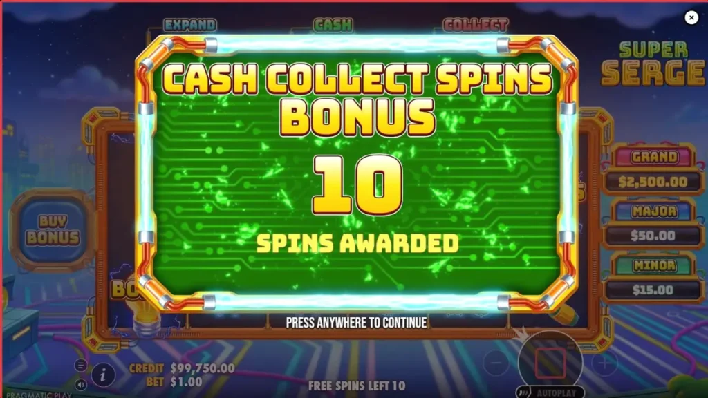 Visual vibrante e futurista do slot Super Serge com luzes neon