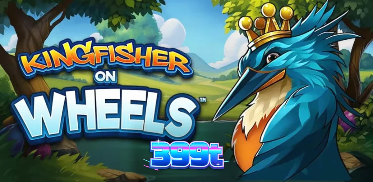 O majestoso martim-pescador real em frente a uma Roda da Fortuna dourada no slot Kingfisher on Wheels